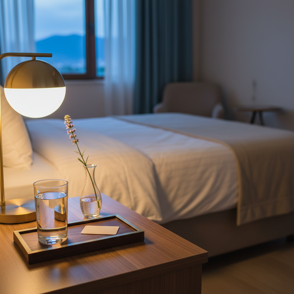 A serene guest experience scene in a photographic, people-free hotel room in Zara Sivas. A freshly made bed with flawless white linens is turned down, with a soft beige throw gently folded at the foot. On the bedside table, a glass of water, a small vase with a single local wildflower, and a neatly arranged key card tray rest on a smooth wooden surface. Warm bedside lamp light creates a cozy pool of illumination, contrasting with the cool blue dusk visible through a partially drawn curtain. Shot close-up with a shallow depth of field, the focus is on the bedside details, with the rest of the room softly blurred. The mood is calm, welcoming, and meticulously cared-for.