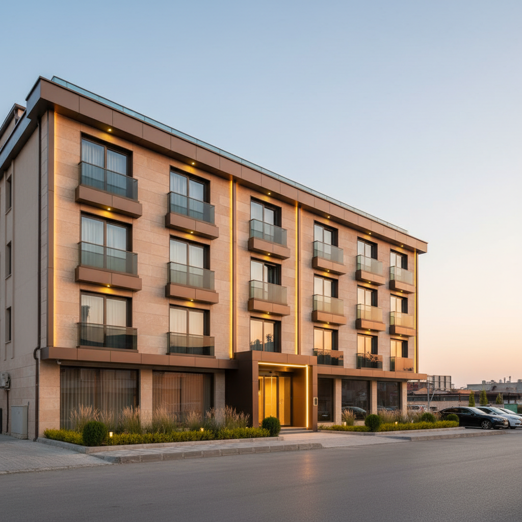 Photographic realism of a modern boutique hotel exterior in Zara, Sivas, Turkey, captured at golden hour. A mid-rise contemporary building with warm beige stone cladding and dark bronze accents stands on a quiet, clean street. Discreet architectural lighting highlights balconies, large panoramic windows, and an inviting main entrance with glass doors. Soft evening sky fades from pale blue to peach, reflecting subtly on the windows. Low, warm ground lights trace a small landscaped area with neatly trimmed shrubs. Shot from a slightly elevated street-level angle with sharp focus throughout, conveying professionalism, comfort, and understated elegance suitable for a high-quality regional hotel.