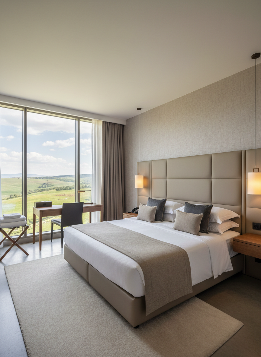 A premium hotel room in Zara Sivas captured in photographic realism, showcasing a spacious double room designed for restful accommodation. A large bed with crisp white linens, a padded taupe headboard, and neatly arranged accent pillows is centered against a subtle textured wall. On one side, a sleek wooden work desk with a modern chair faces a large window overlooking a distant Anatolian landscape of rolling hills. Soft natural daylight streams in, complemented by warm bedside lamps that create a cozy glow. Neutral tones, clean lines, and neatly folded textiles emphasize comfort and professionalism. Shot from a corner with a wide-angle perspective, the room feels airy, calm, and meticulously prepared for guests.
