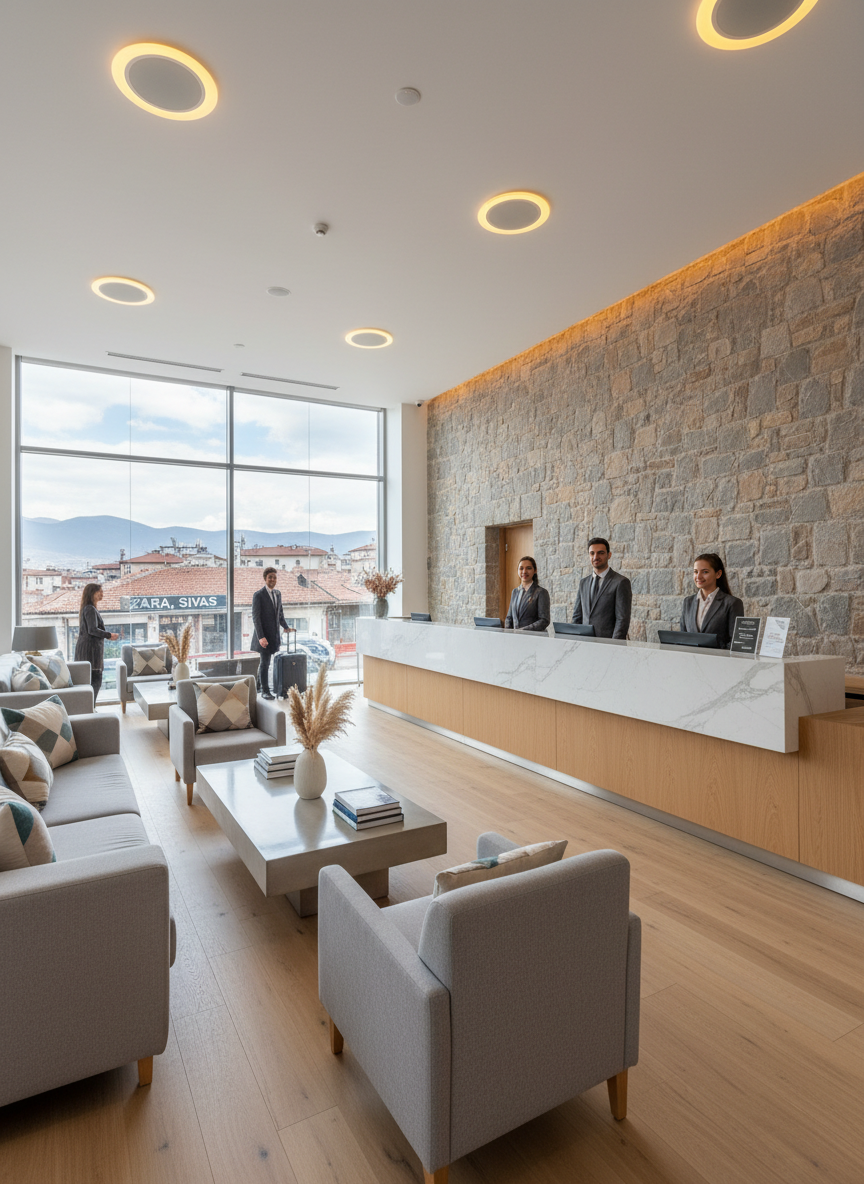 A bright, contemporary hotel lobby interior in photographic realism, designed for a professional business and leisure audience. A generous reception counter in light oak wood with a white stone top stands against a textured stone feature wall. Comfortable lounge seating in soft grey fabric with accent cushions surrounds a low coffee table with a polished surface. Large windows reveal a hint of Zara, Sivas townscape outside, allowing soft daylight to flood the space. Warm recessed ceiling lights create gentle pools of light, emphasizing clean lines and tidy organization. Shot at eye level with a wide-angle lens, the composition feels open, welcoming, and efficient, highlighting the hotel’s refined yet approachable character.