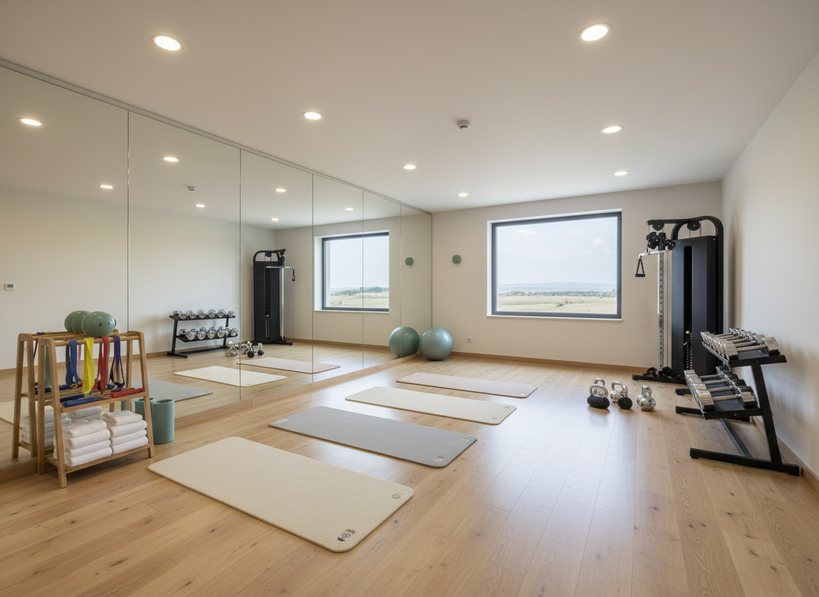 A compact, modern hotel fitness and pilates room in photographic realism, emphasizing wellness amenities. The space features light wood flooring, a mirrored wall, and neatly arranged pilates mats in calming neutral colors. A small rack holds resistance bands, pilates balls, and neatly stacked towels, while a corner station offers free weights and a multi-function fitness machine. A wide window reveals soft daylight and a subtle glimpse of Sivas’ highland landscape, creating a sense of fresh air. Bright, even ceiling lighting eliminates harsh shadows, making the room feel open and energizing. Captured from a slightly elevated angle, the composition highlights organization, cleanliness, and a serene environment designed for guests to stretch, strengthen, and unwind.