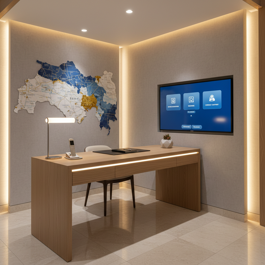 A clean, modern business corner in the hotel lobby designed to suggest easy online booking and professional support, rendered in photographic realism. A sleek desk in light wood with a built-in information screen stands against a neutral wall, with a neatly arranged phone, stylish lamp, and minimal stationery. Behind, a subtle decorative map-style artwork hints at Zara and Sivas region without text. Soft, even overhead lighting and indirect LED strips create a polished corporate ambiance. The camera is positioned at eye level, slightly angled to show both the desk surface and background context. The atmosphere feels efficient and trustworthy, visually conveying that reservations, inquiries, and contact services are organized and accessible.