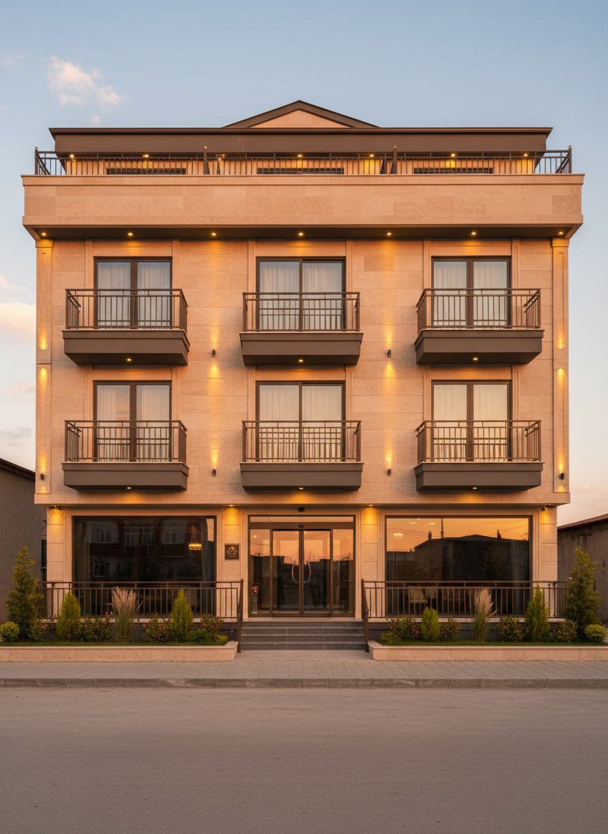 Photographic realism of a modern boutique hotel exterior in Zara, Sivas, Turkey, captured at golden hour. A mid-rise contemporary building with warm beige stone cladding and dark bronze accents stands on a quiet, clean street. Discreet architectural lighting highlights balconies, large panoramic windows, and an inviting main entrance with glass doors. Soft evening sky fades from pale blue to peach, reflecting subtly on the windows. Low, warm ground lights trace a small landscaped area with neatly trimmed shrubs. Shot from a slightly elevated street-level angle with sharp focus throughout, conveying professionalism, comfort, and understated elegance suitable for a high-quality regional hotel.