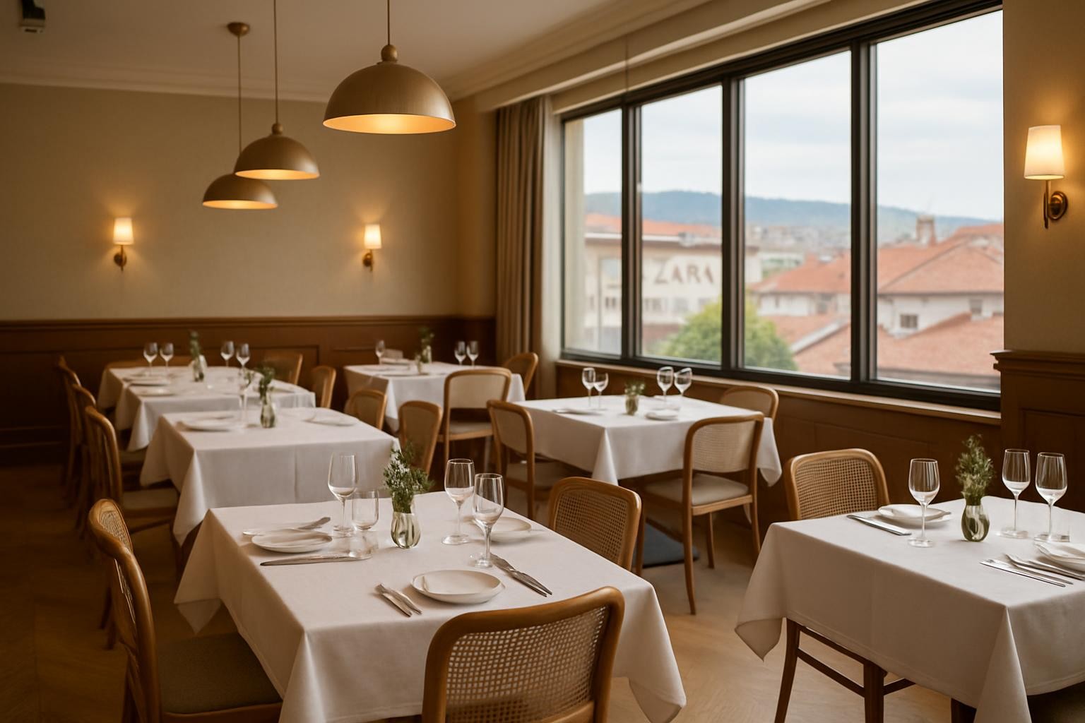 An elegant hotel restaurant interior in photographic realism, set up for refined yet relaxed dining. Neatly arranged tables with white linens and light wood chairs are spaced generously across a bright room. On each table, simple, minimalistic tableware and a small decorative centerpiece rest on a polished surface. Large windows allow daylight to wash across the space, with subtle views of Zara, Sivas’ town rooftops beyond. Warm ceiling pendants and discreet wall lights add gentle ambient lighting, creating a comfortable evening-ready atmosphere. The camera is at eye level with a slight diagonal view along a row of tables, giving depth and perspective. The overall mood is inviting, clean, and suitable for both business meals and family stays.